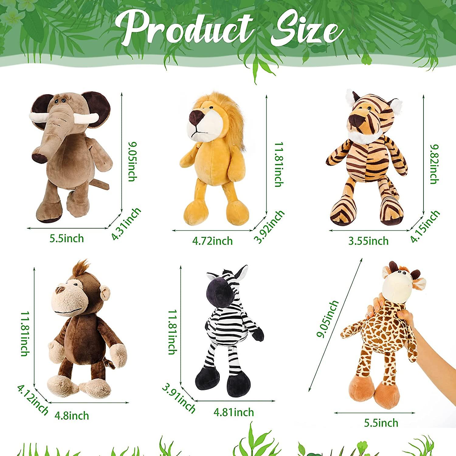 6 Pieces Safari Stuffed Animals Plush Jungle Animal Toys Set For Boys Girls， Cute Lion Elephant Zebra Giraffe Tiger Monkey For Animal Themed Parties S