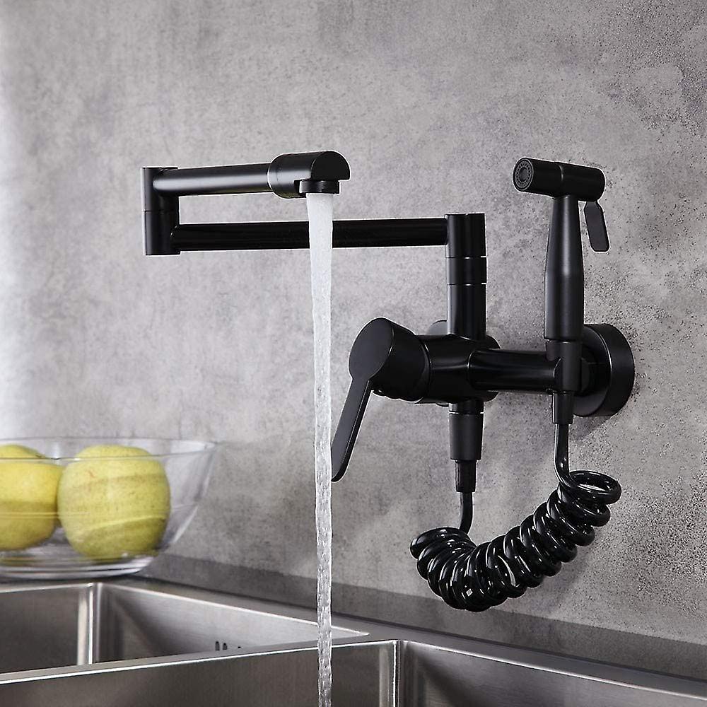 Basin Mixer Tap Black Kitchen Sink Faucet With Sprayer， Modern Single Handle Pull Down Wall Mounted Filler Faucet With Swivel Arm In Matte Black Solid