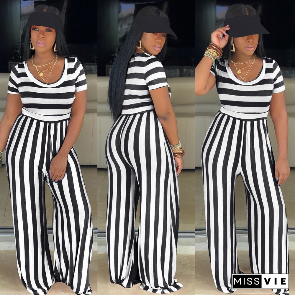 Striped Print Short Sleeve Wide Leg Jumpsuit