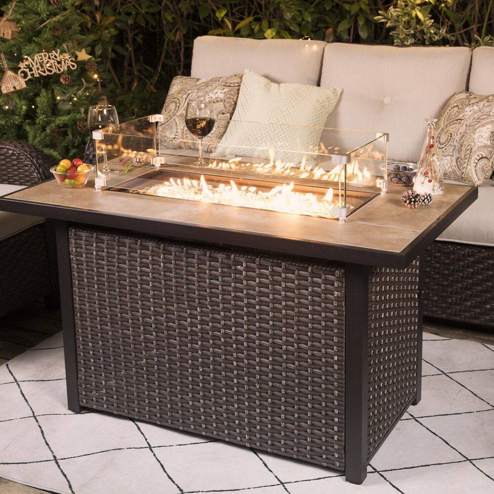 Nuu Garden 43 in. 50000 BTU Brown Rectangle Wicker Outdoor Propane Gas Fire Pit Table with Glass Fire Pit Wind Guard AF125C-G