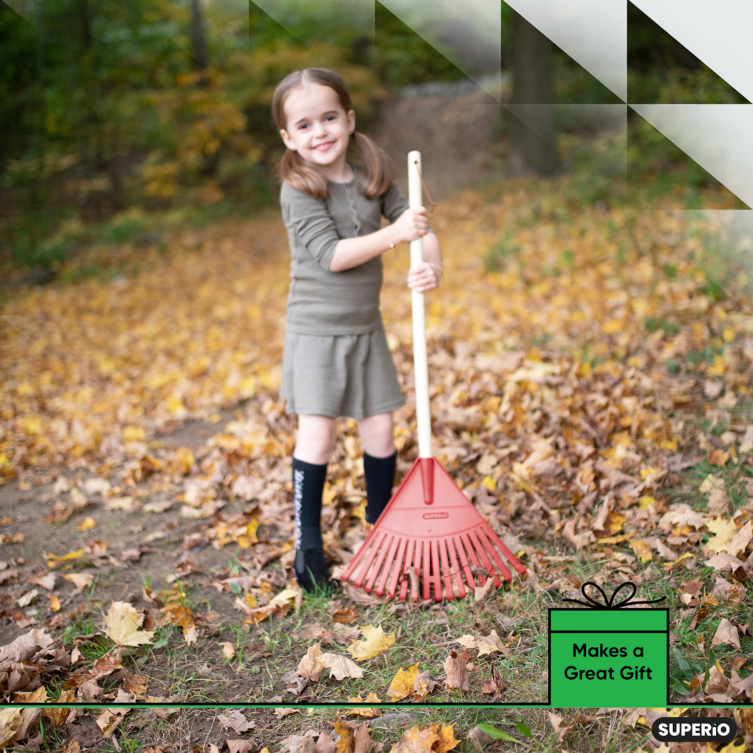 Superio Kids Rake with Hardwood Handle- Durable Plastic Red Head to Sweep Leaves in Lawn and Tidying Up The Garden – 34 “Height