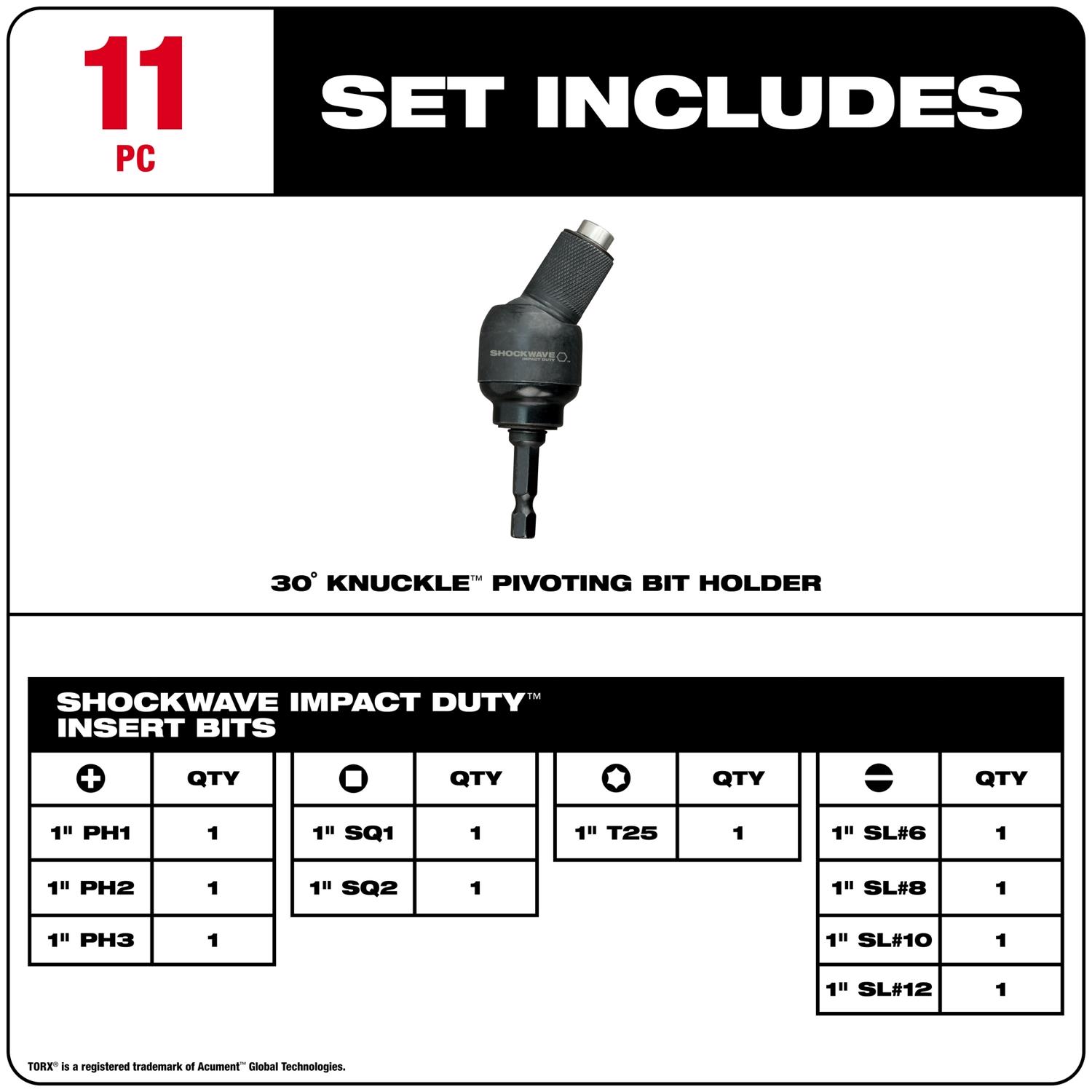 MW Shockwave Assorted 1 in. L Elbow Screwdriver Bit Set Steel 11 pc