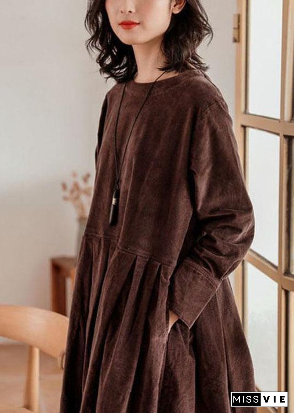 Elegant Brown Corduroy Dress Spring Maxi Dresses