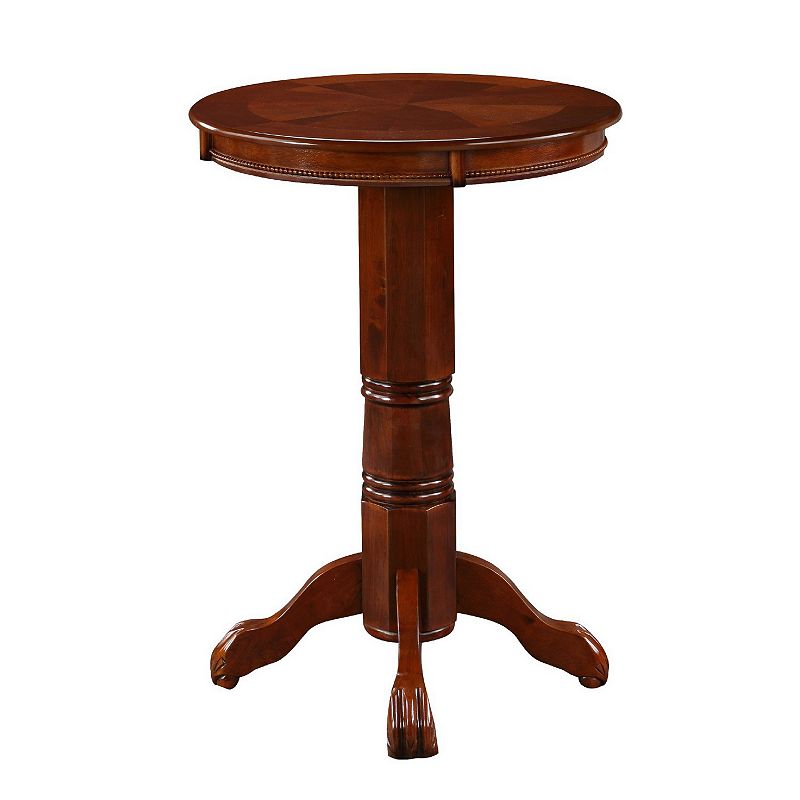 Ava 42 Inch Wood Pub Bar Table， Sunburst Design， Carved Pedestal， Dark Brown