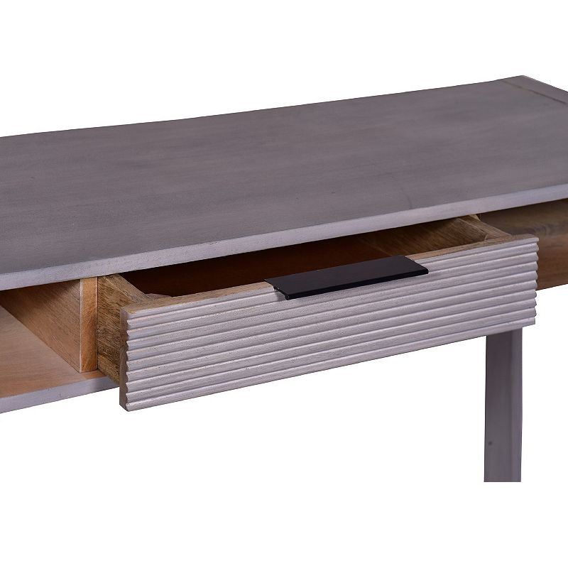 44 Inch Mango Wood Desk Minimalistic Entryway Console Table， Single Drawer， Textured Groove， Gray