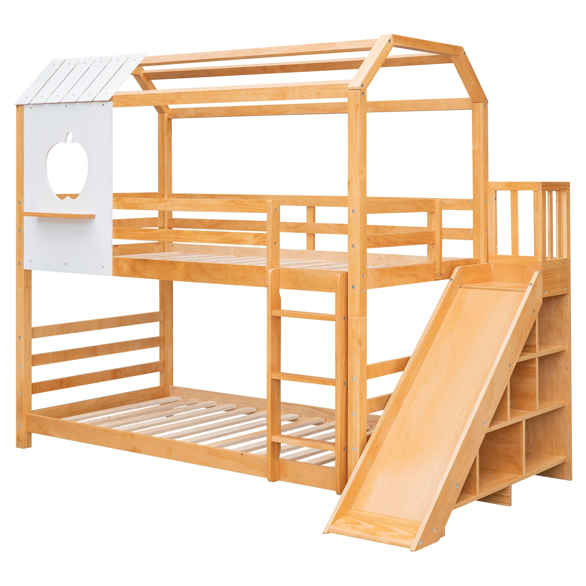 Twin Size House Bunk Bed with Slide and Shelf for Kids Bedroom, Natural