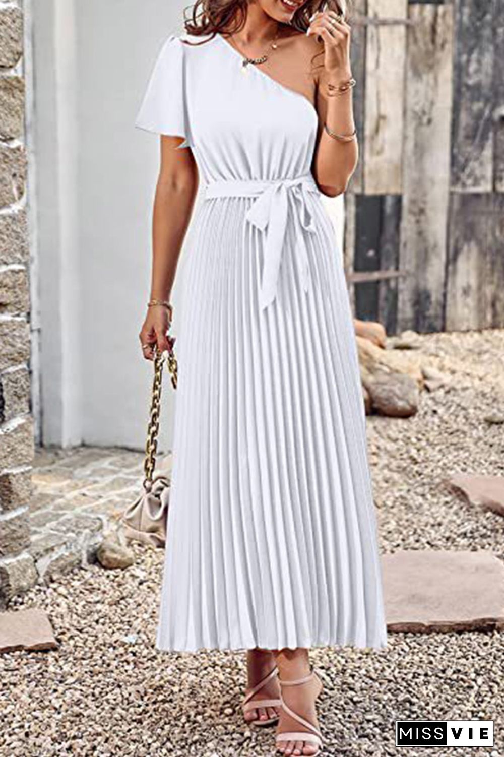 One SHoulder Short Sleeve Smock Maxi Dress