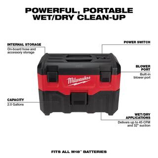 MW M18 18V Lithium-Ion Cordless Combo Tool Kit (6-Tool) with Two M18 WetDry Vacuums 2696-26-0880-20-0880-20