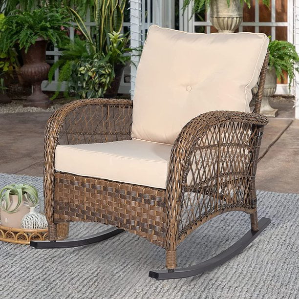 MEETWARM Outdoor Wicker Rocking Chair, Rattan Patio Rocker Chairs with Cushions and Steel Frame - Beige