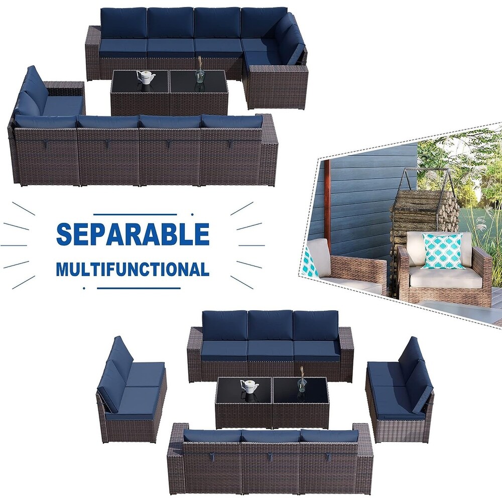 Kullavik 12 Pieces Outdoor Patio Furniture Set Sectional Rattan Sofa Set with Tempered Glass Table