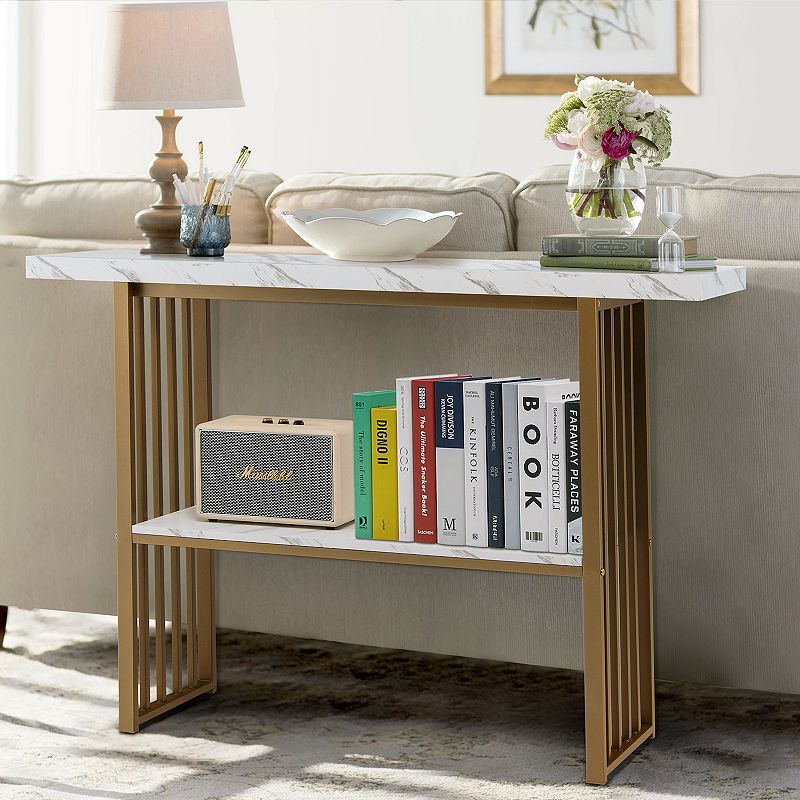 48 Inch 2-Tier Console Table with Gold Finished Frame-White