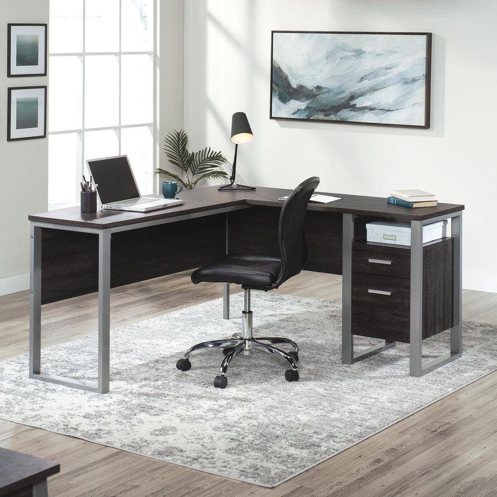 SAUDER Rock Glen 59 in. L-Shaped Blade Walnut with Silver Metal Frame 2-Drawers Desk 425773