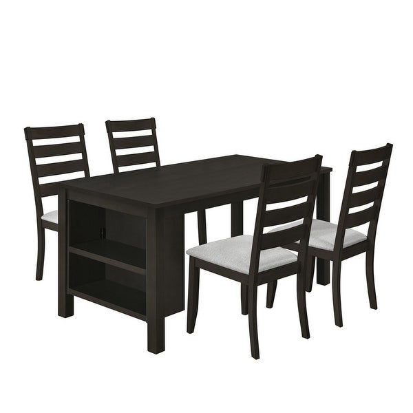 Farmhouse kitchen table set with 2 shelves and 4 upholstered dining chairs， 5 piece table set