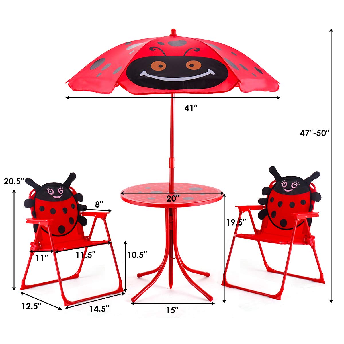 Costzon Kids Table and 2 Chair Set, Ladybug Folding Picnic Table Set with Removable Umbrella for Indoor Outdoor Garden Patio