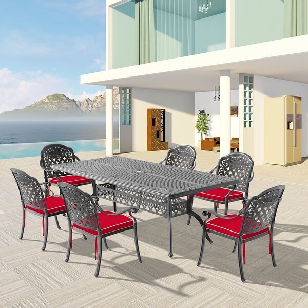 7/9Piece Cast Aluminum Outdoor Dining Set with 82.68'' L X 41.34'' W Rectangular Table and Random Color Seat Cushions