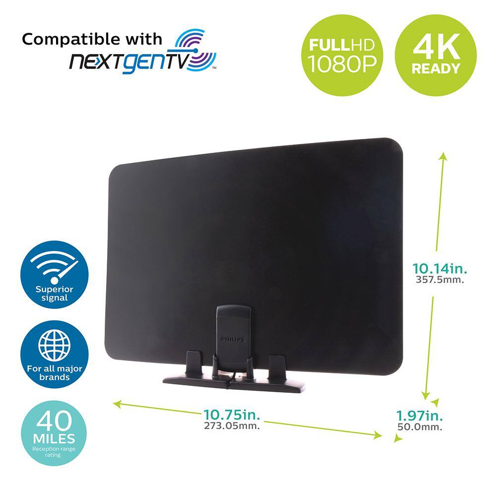 Philips Indoor Ultra-Thin HDTV Antenna 40-Mile Range Flat Reversible Black and White Sides VHF UHF 1080P 4K Ready SDV2226N27