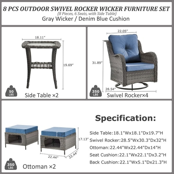 Rattan Wicker Patio Furniture Conversation Seating with 360° High Back Swivel Chairs+Storage Ottomans，Bule Cushions Included🎁