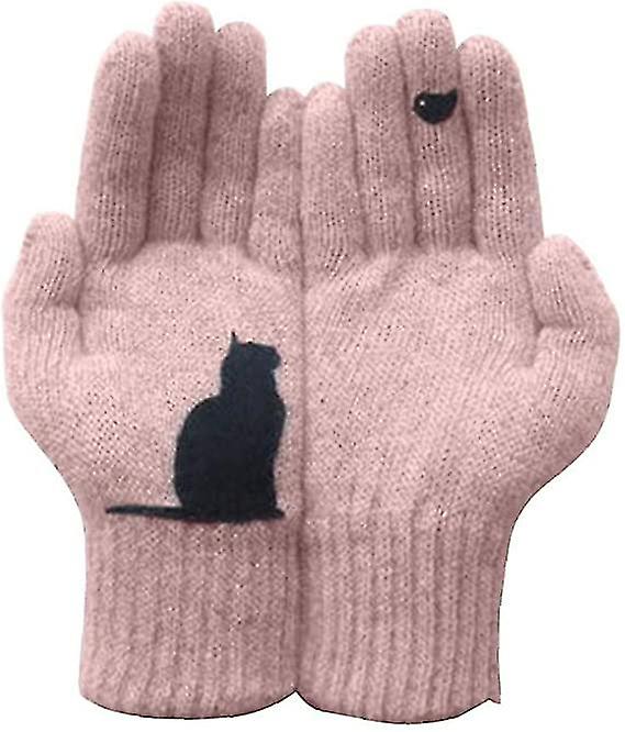 Women's Gloves Winter Warm Cold Cashmere Gloves Thick Cartoon Cat Print Wool Knitted Full Finger Gloves2setgrey+pink