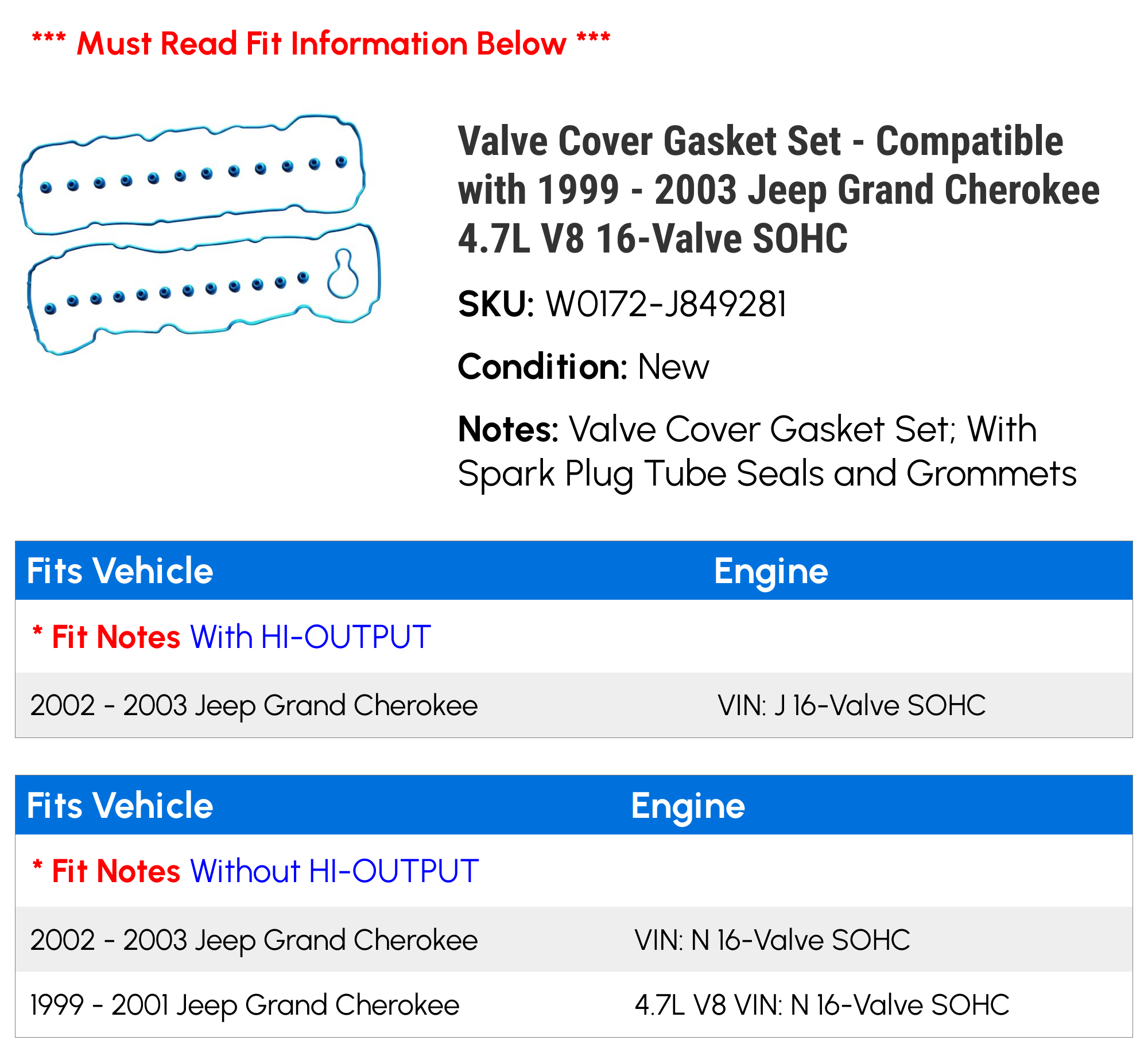 Valve Cover Gasket Set - Compatible with 1999 - 2003 Jeep Grand Cherokee 4.7L V8 16-Valve SOHC 2000 2001 2002