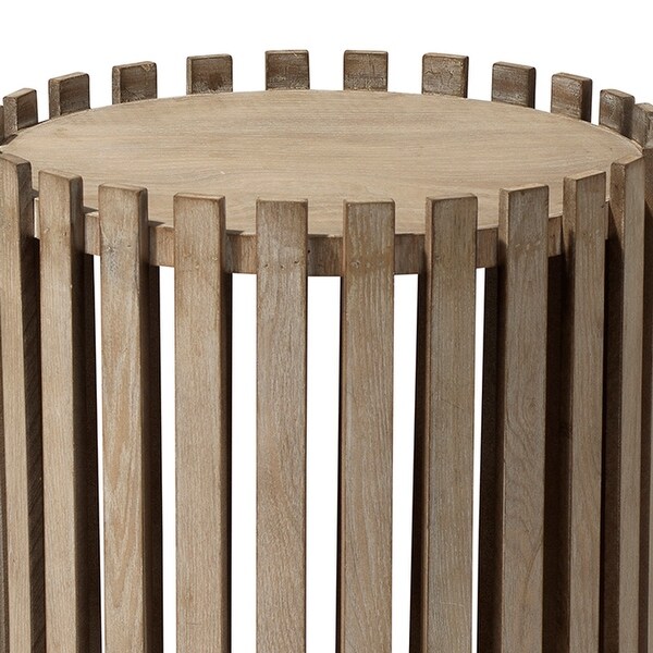 Side Table with Slatted Design Drum Silhouette， Washed brown