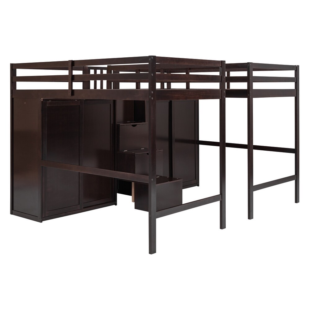 Wood Double Twin Size Loft Bed w/ Wardrobes   Storage Staircase Unisex