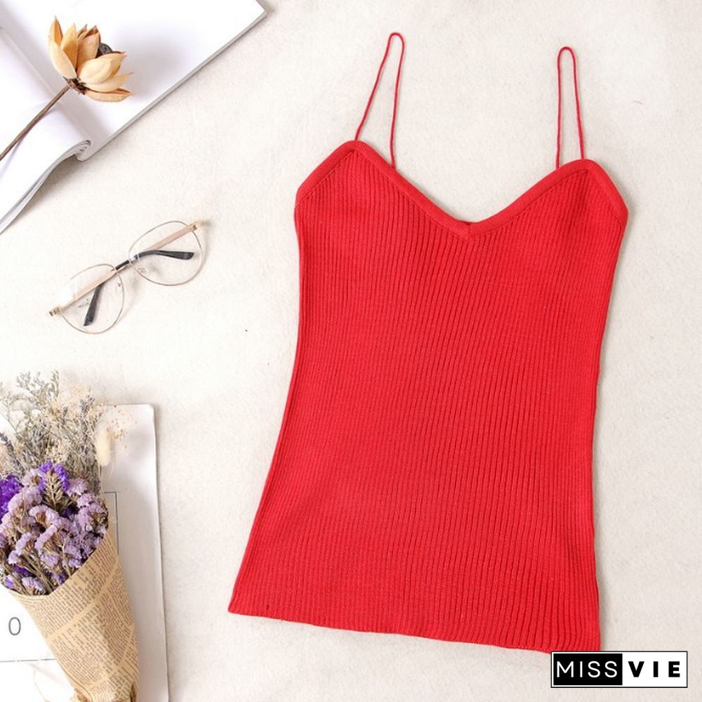 Women Knitted Tank Tops Sexy Spaghetti Strap Stretch Cropped Tops Striped Knit Camisole One Size Hot Sale Wdc4755