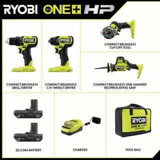 RYOBI ONE+ HP 18V Brushless Cordless Compact 4-Tool Combo Kit with (2) 2.0 Ah Batteries Charger and Bag PSBCK104K2