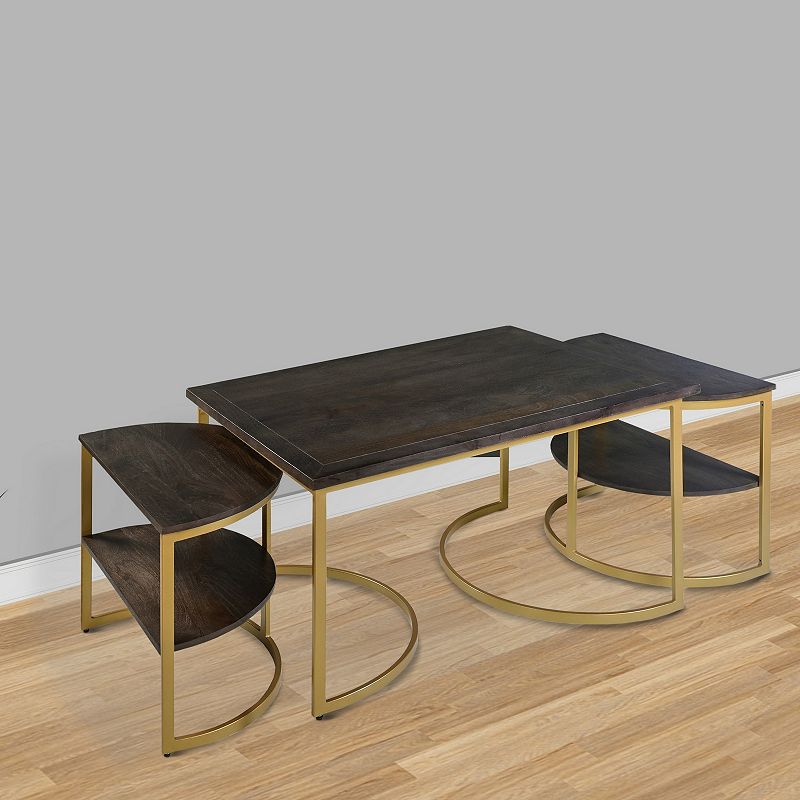 38 Inch Rectangle Metal Nesting Coffee Table - 3 pcs set， Dark Brown， Gold