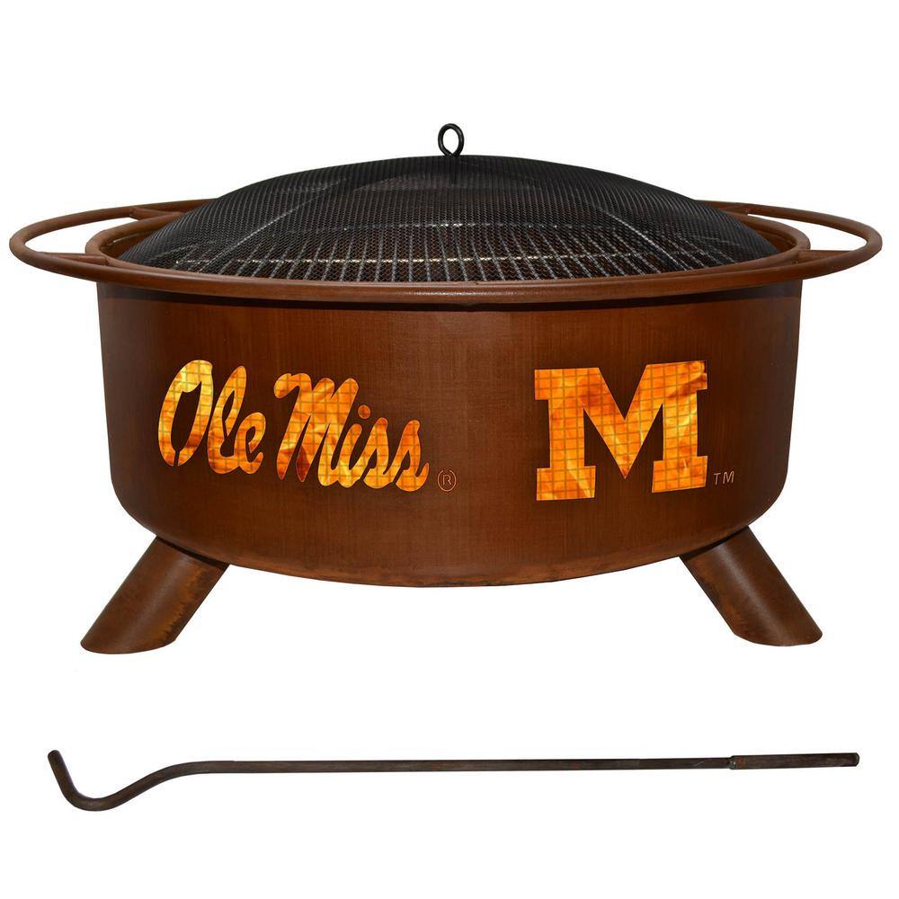 Ole Miss 29 in. x 18 in. Round Steel Wood Burning Rust Fire Pit with Grill Poker Spark Screen and Cover F242