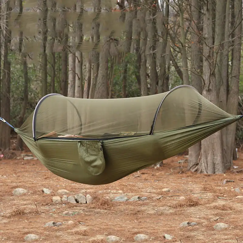 Outdoor camping anti rollover nylon hammock with mosquito net Single double automatic quick opening mosquito net hammock