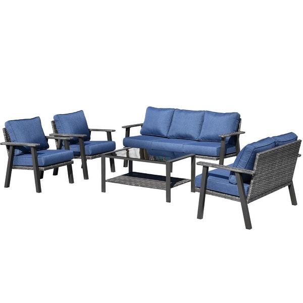 OVIOS 5piece Outdoor Steel Frame Ottoman Wicker Solid Pattern Cushion Sectional Set Glass Top Table