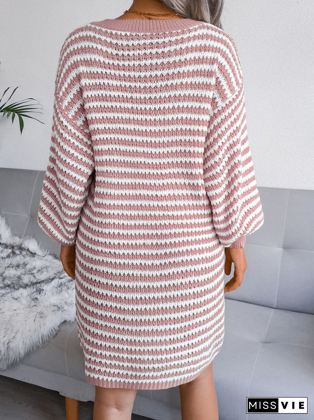 Winter Clothes Women Striped Hollow Wool Dress Long Sleeve Knitted Dress Casual Pullover Sweater Oversize Dress For Women