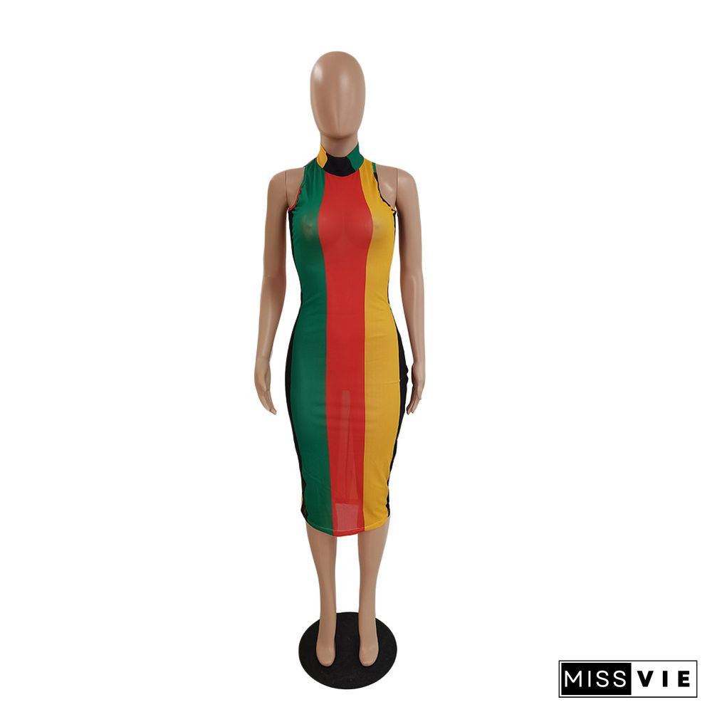 Sexy Mesh Print Color Striped Sleeveless Bodycon Midi Dress