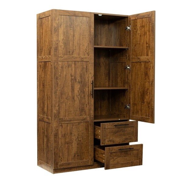 Wood High Wardrobe with 2 Drawers， 5 Storage Space and 2 Doors - - 36394606