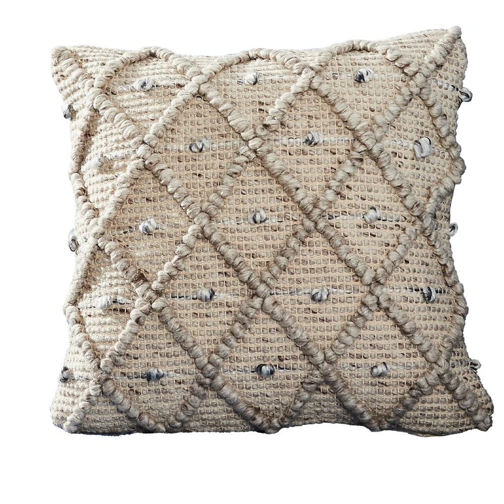 18 Inch Decorative Throw Pillow Cover  Beaded Diamond Design  Beige Fabric