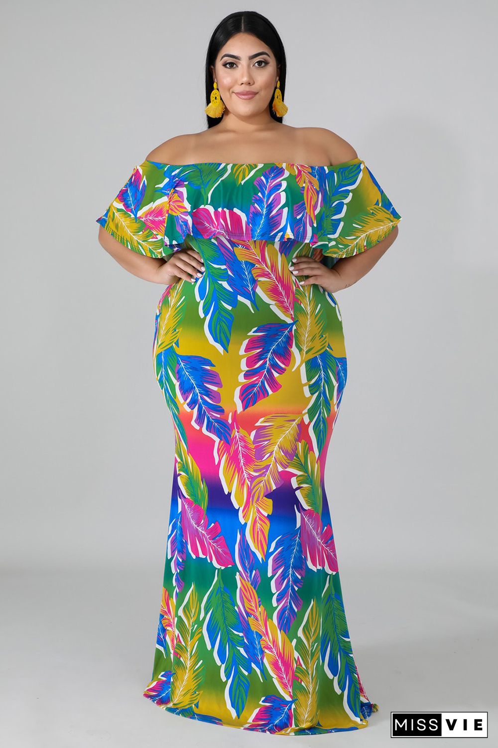 Plus Size Tropical Palms Mermaid Dress