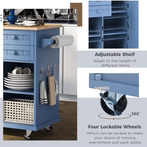 Kitchen Island Cart with 4 Storage Drawers， Rolling Mobile Kitchen Island Table with Spice Rack， Towel Rack， Rubber Wood Desktop， 5 Wheels Including 4 Lockable Wheels， 52.8in Width， Blue