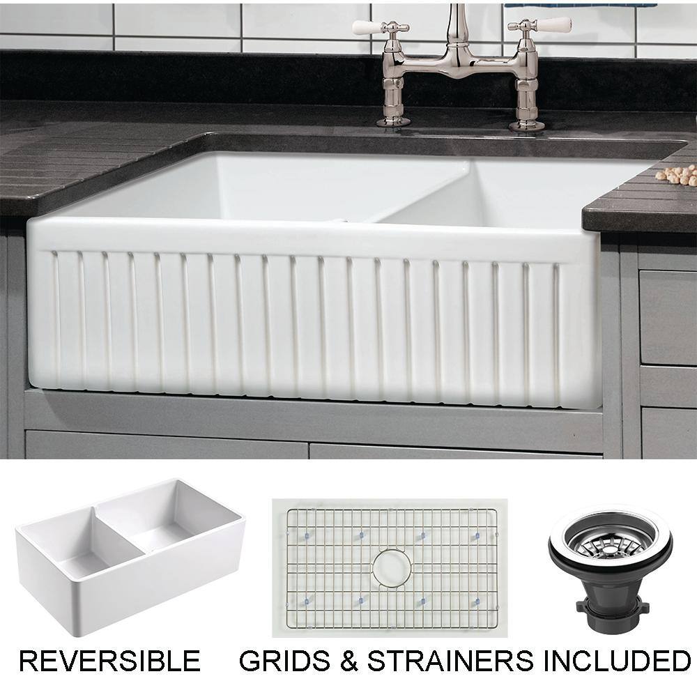 Empire Industries Sutton Place Farmhouse Fireclay 33 in. 5545 Double Bowl Kitchen Sink with Grid with Grid and Strainer SP33DG