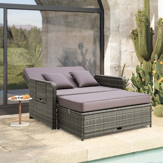 Costway Patio Rattan Daybed Set Wicker Loveseat Sofa With Ottoman amp Retractable Side Tray