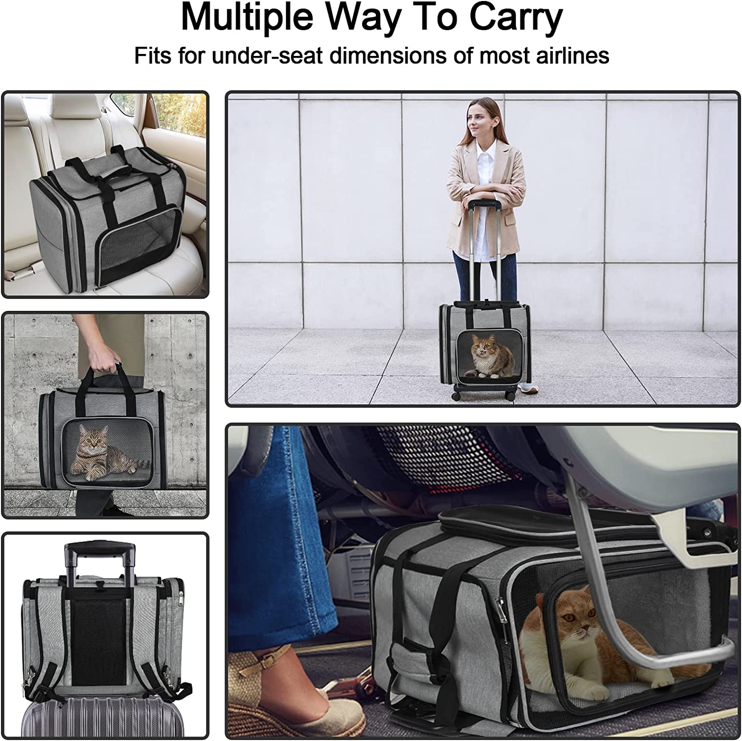 Airline Approved Expandable Pet Carrier Backpack with Wheels(Large Space)， Rolling Backpack with Durable Handle and Flexible Wheels，Breathable Durable Mesh Panels(Most Airplane Approved)