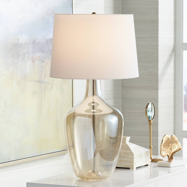 Tall Jar Large Modern Coastal End Table Lamp Clear Champagne Glass Single Off white Shade Living Room Bedroom Bedside