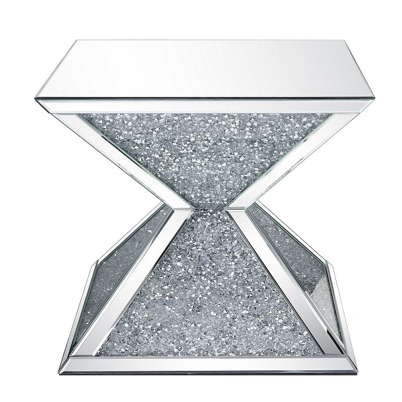 Sparkling End Table with Faux Diamonds Inlay ， Silver and Clear