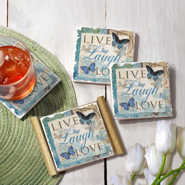 CounterArt Live Laugh Love Butterfly 4 Pack Single Image Coaster Set in Wooden Holder