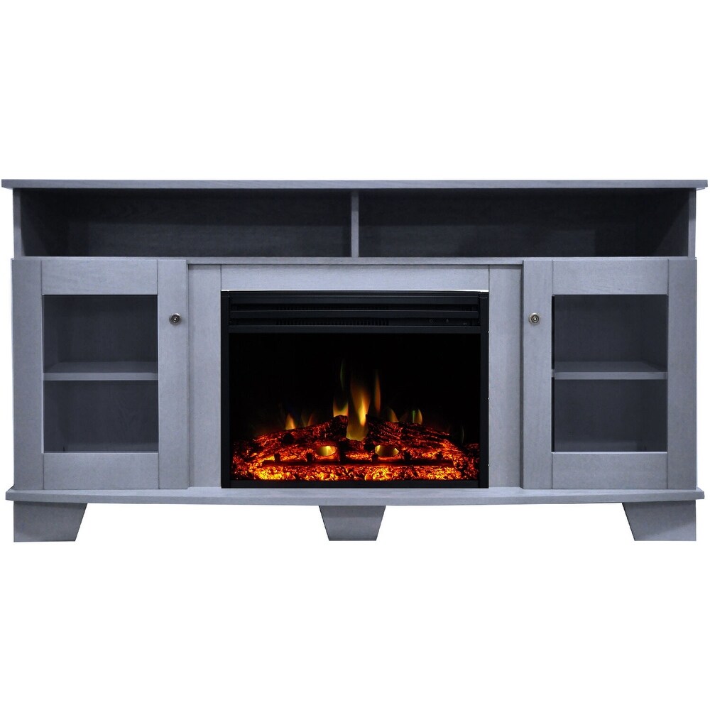 Hanover Glenwood Electric Fireplace Heater with 59 In. Slate Blue TV Stand  Deep Log Display and Remote   59 Inch