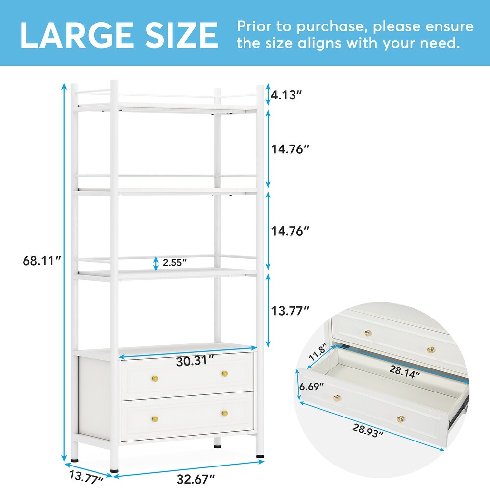 4 Tier White Bookshelf with 2 Drawers  Tall Bookcase with 4 Open Shelf for Small Place