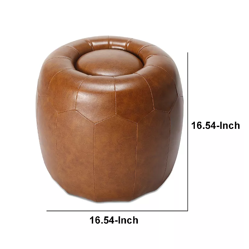 17 Inch Wood Round Ottoman， Honeycomb Design， Modern Brown Faux Leather