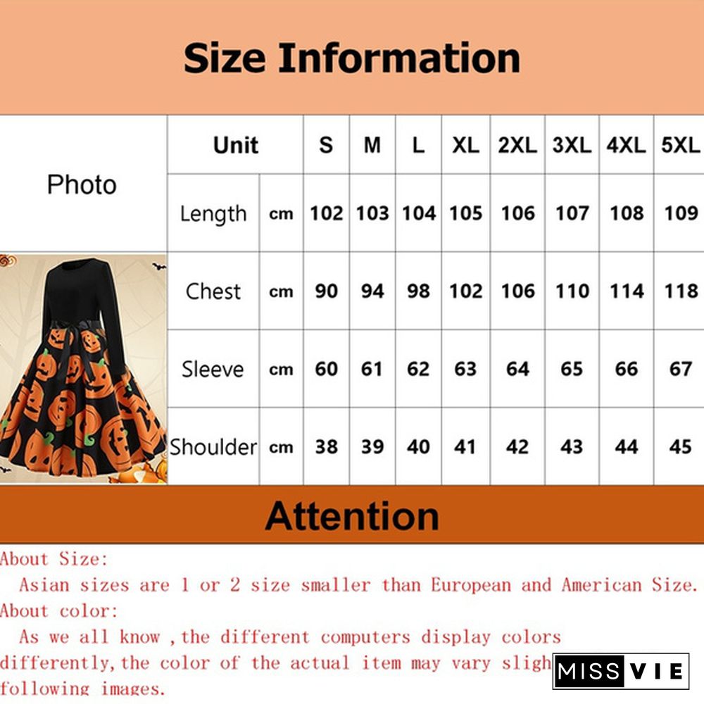 Trendy Women Halloween Christmas Costumes Long Sleeve Dresses Elegant Pumpkin Santa Claus Skull 3D Print Evening Party Dresses Festival Round Neck Belt Prom Dresses Plus Size