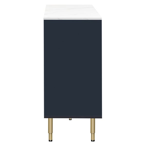 Modern Sideboard MDF Buffet Cabinet Marble Sticker Tabletop and Amber-yellow Tempered Glass Doors with Gold Metal Legs