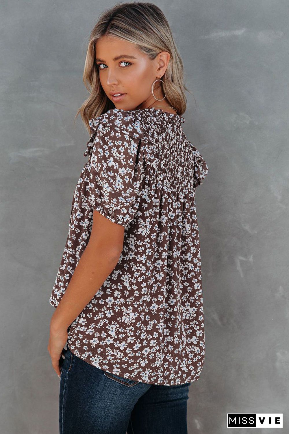 Floral Print Smocked Ruffled V Neck T-shirt