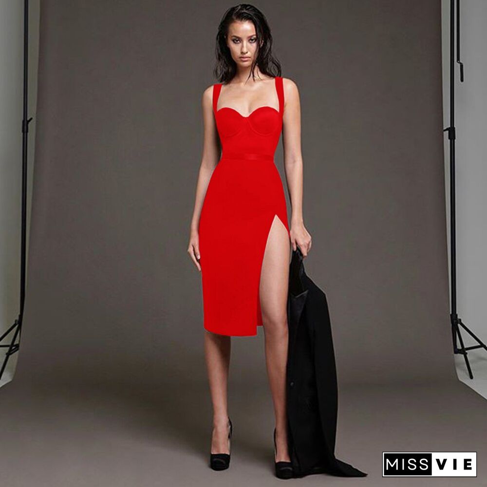 Ocstrade Summer Sexy Side Slit Black Bandage Dress New Arrival Women Spaghetti Strap Bandage Dress Bodycon Club Party Dress